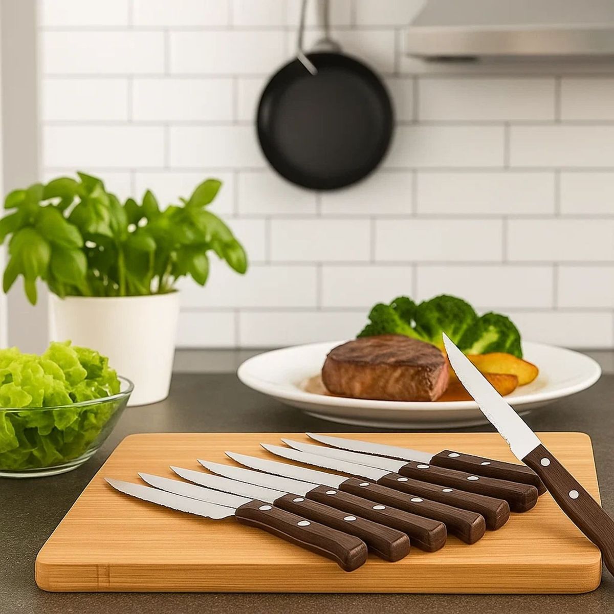 GENERICO - Cuchillos Acero Inoxidable Cubiertos Madera Asado Pack X12