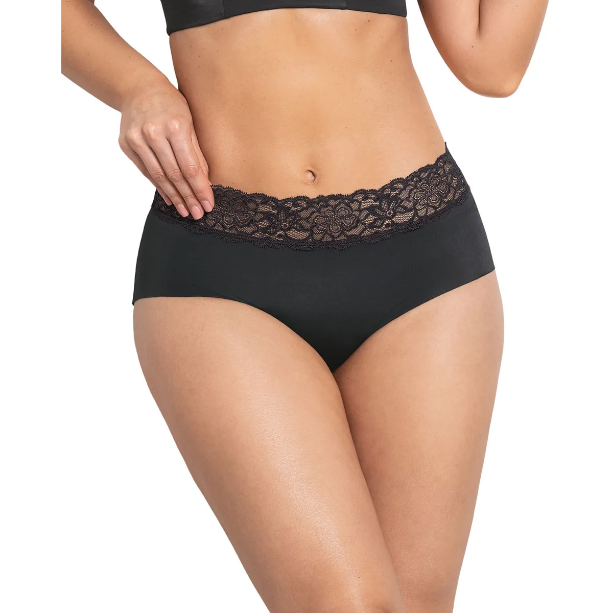 LEONISA - Calzón hípster en tela ultraliviana con franja de encaje 012960 Negro