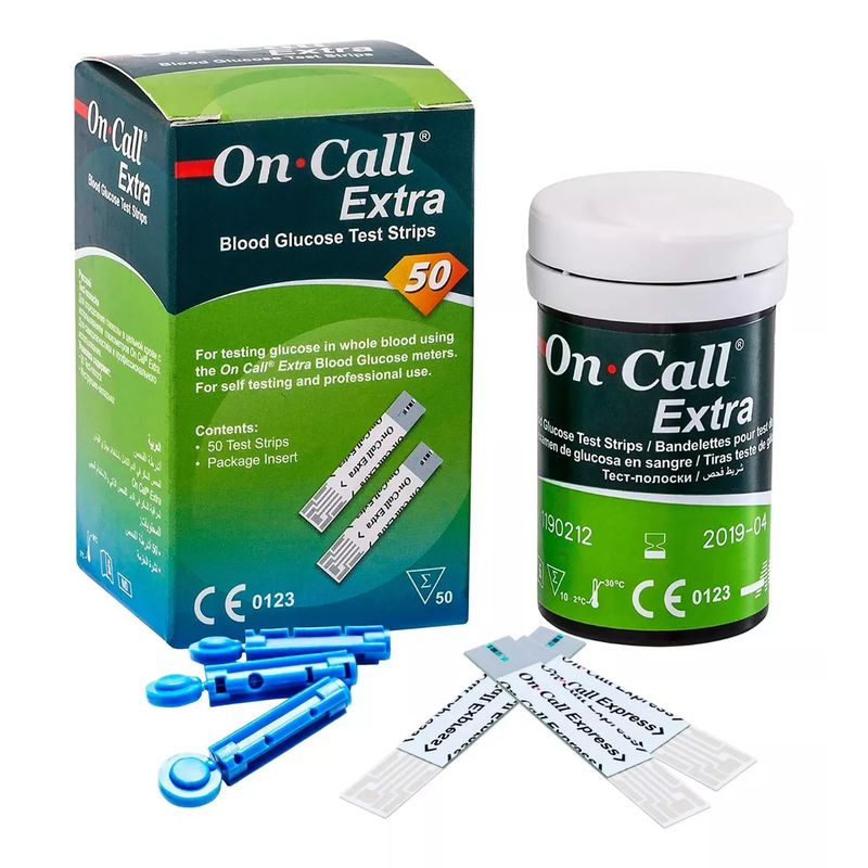 TOPMEDIC - 50 Cintas Reactivas Glucómetro On Call Extra + 50 Lancetas