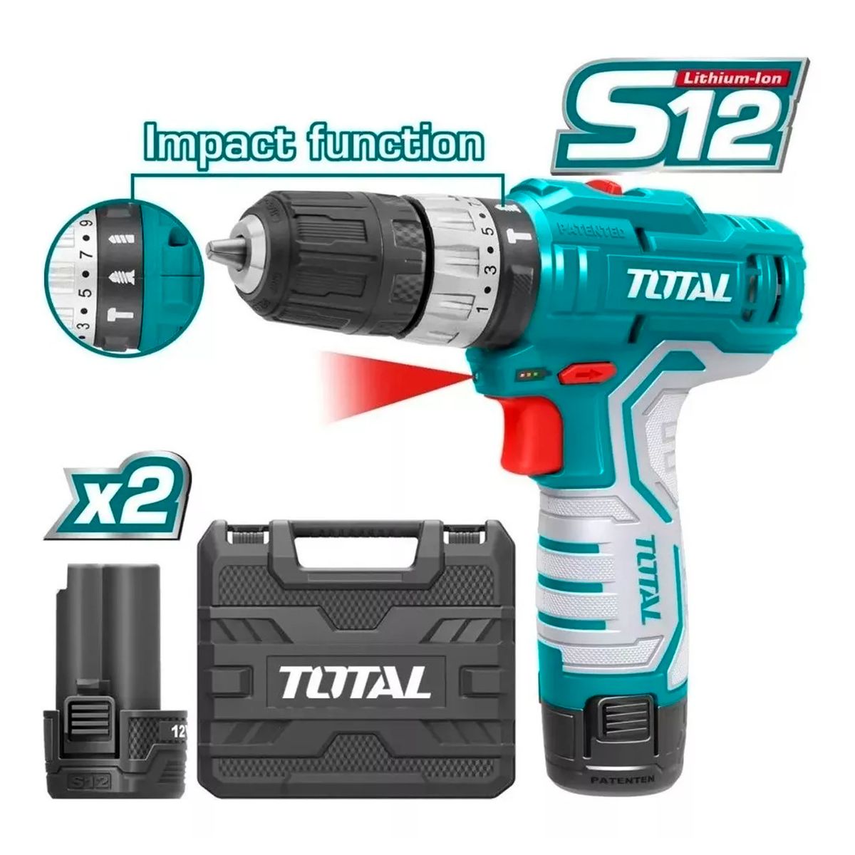TOTAL TOOLS - Taladro Atornillador Inalambrico 2 Baterias 12v.