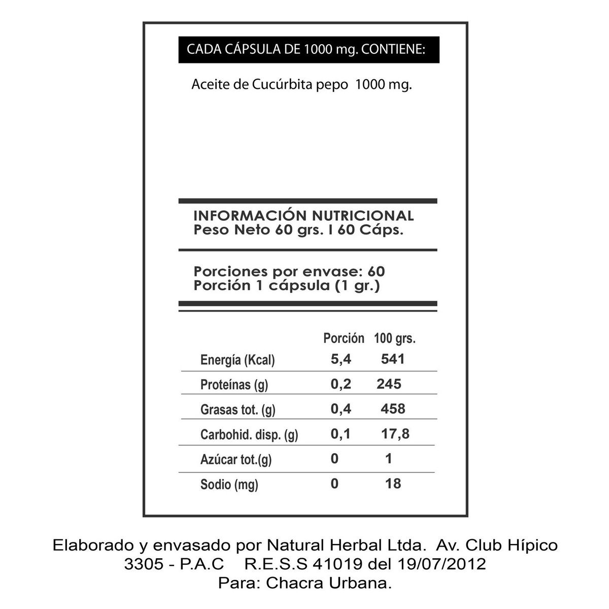 CHACRA URBANA - ACEITE PEPA CALABAZA 60 CAPSULAS BLANDAS 1000mg
