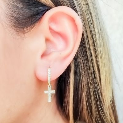 Imagen 2 del producto Aros Argolla Cruz Circón Enchapado Oro 18K