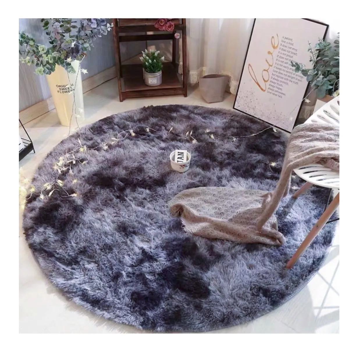 BJ HOGAR - Alfombra Peluda Redonda 1 Metro Gris Oscuro Jaspeado