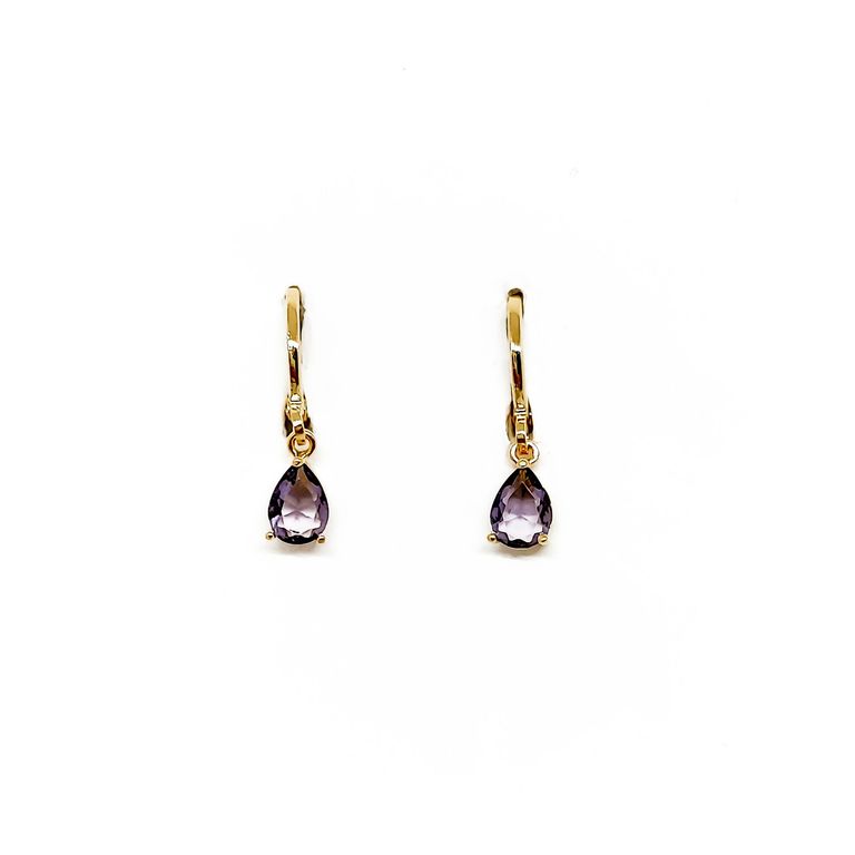 Aros Argollas Gota Circon Morado Enchapado Oro 18K Dorado TALLA UNICA