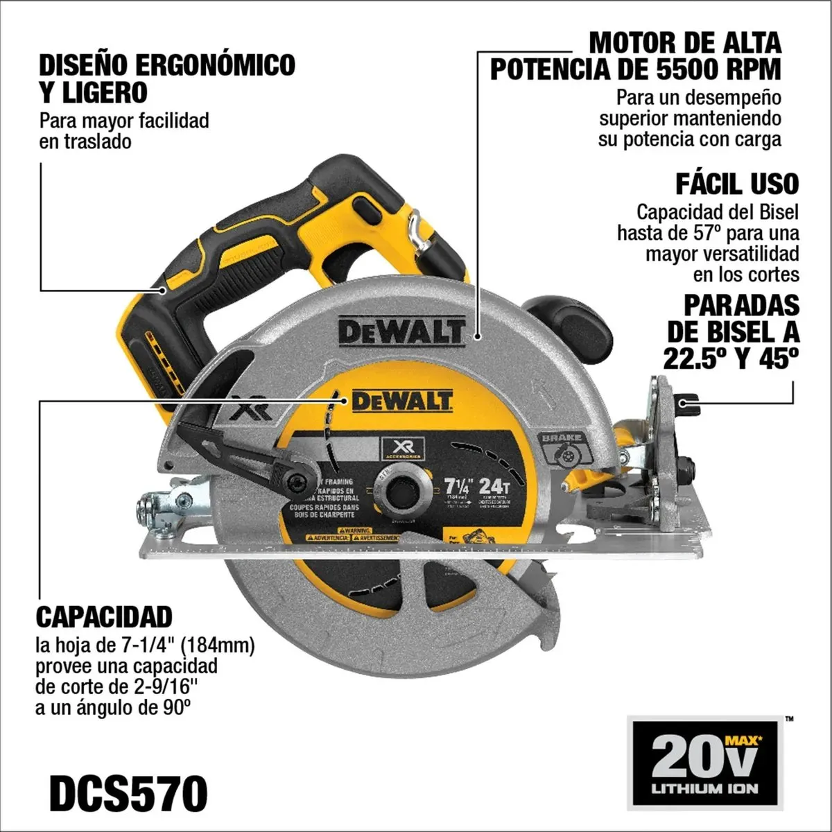 DEWALT - Sierra Circular 7 1/4 20v Xr Dcs570b Dewalt Sin Baterias