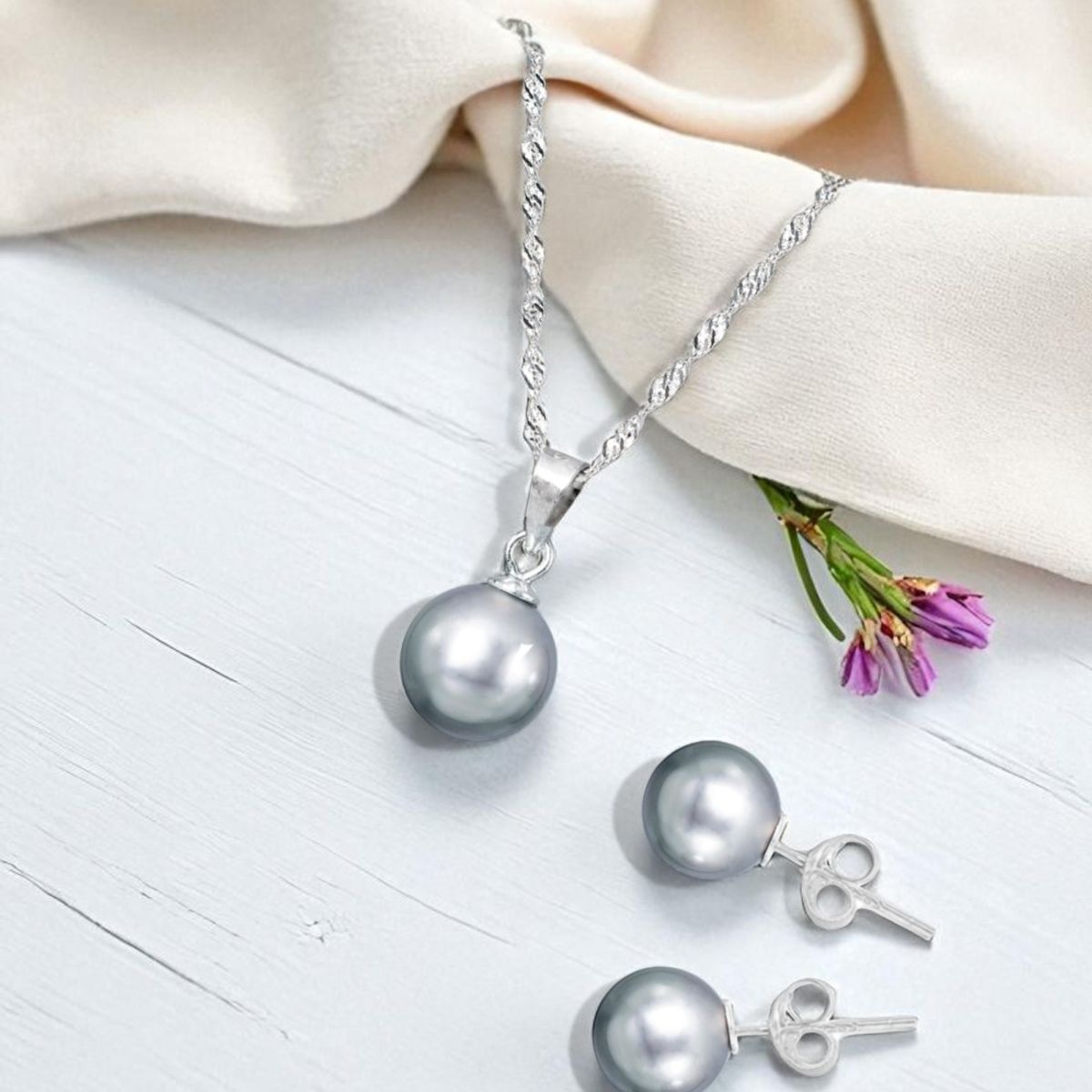 JOYAS MONTERO - Conjunto Viena Plata 925 creado con Perlas de Swarovski® Light Grey