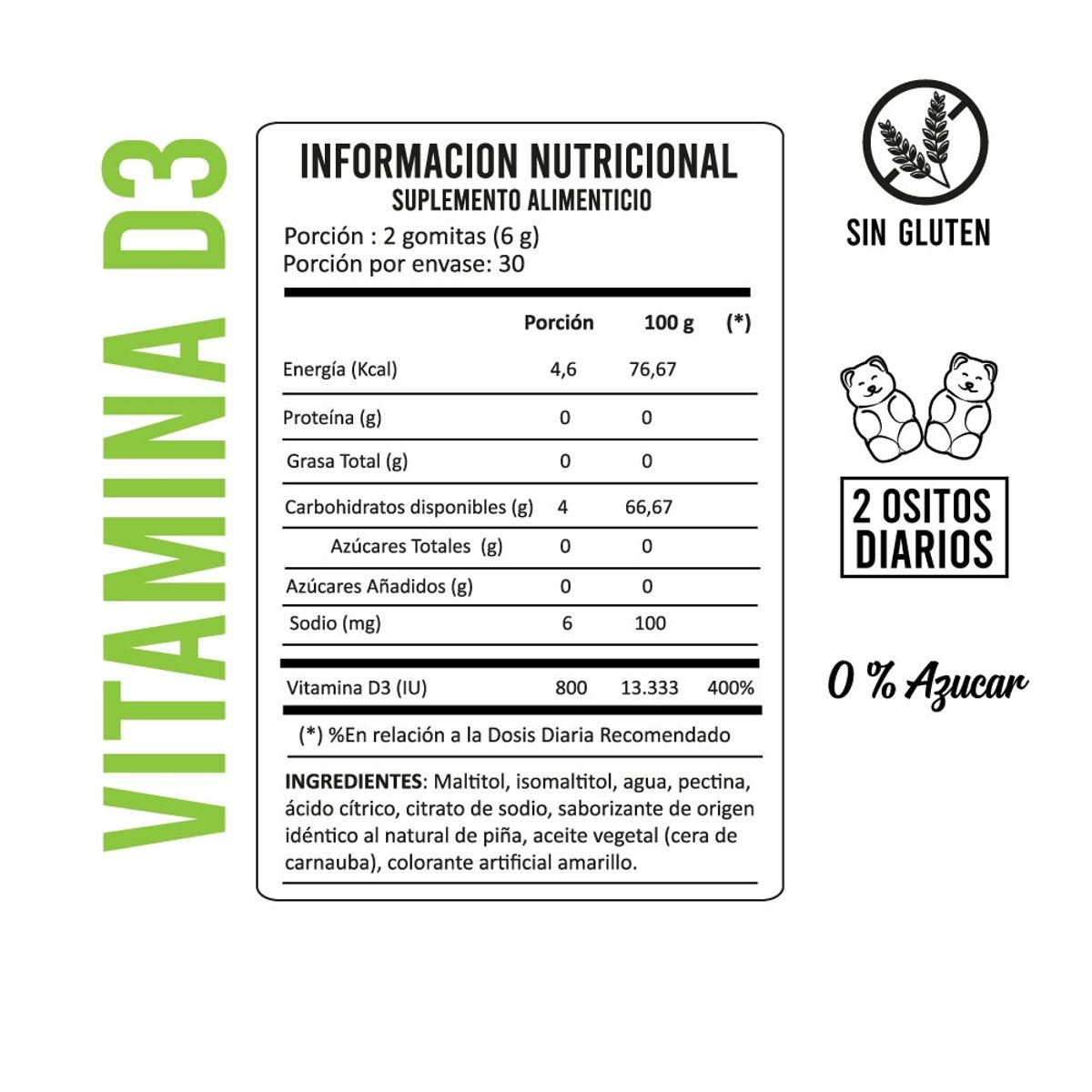 Perfect Bear - Vitamina D3- 800 IU- Gomitas Sin Azúcar 2 MESES