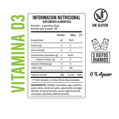 Imagen 2 del producto Vitamina D3- 800 IU- Gomitas Sin Azúcar 2 MESES