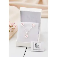 JOYAS MONTERO - Aros + Collar Conjunto Viena Plata 925 Perla Genuina Peach