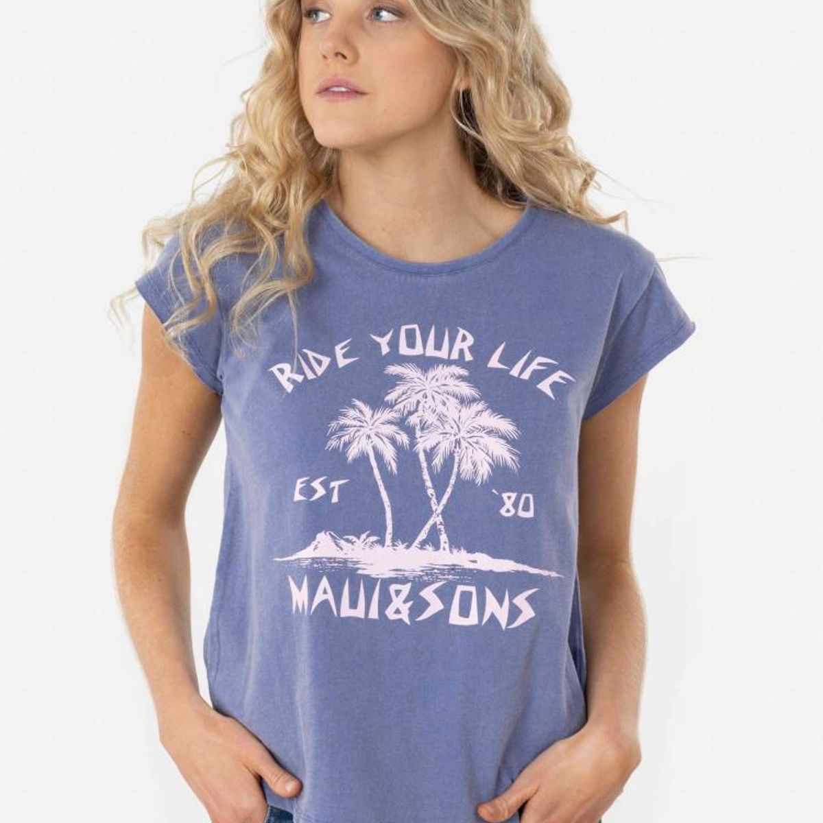 MAUI AND SONS - Polera PALM EST `80 Mujer Azul Maui and Sons MAUI AND SONS