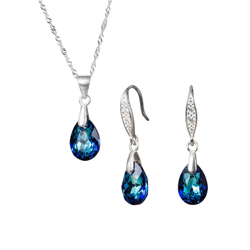 JOYAS MONTERO - Aros +  Collar Conjunto Milan Plata 925 Cristal Genuino Bermuda Blue