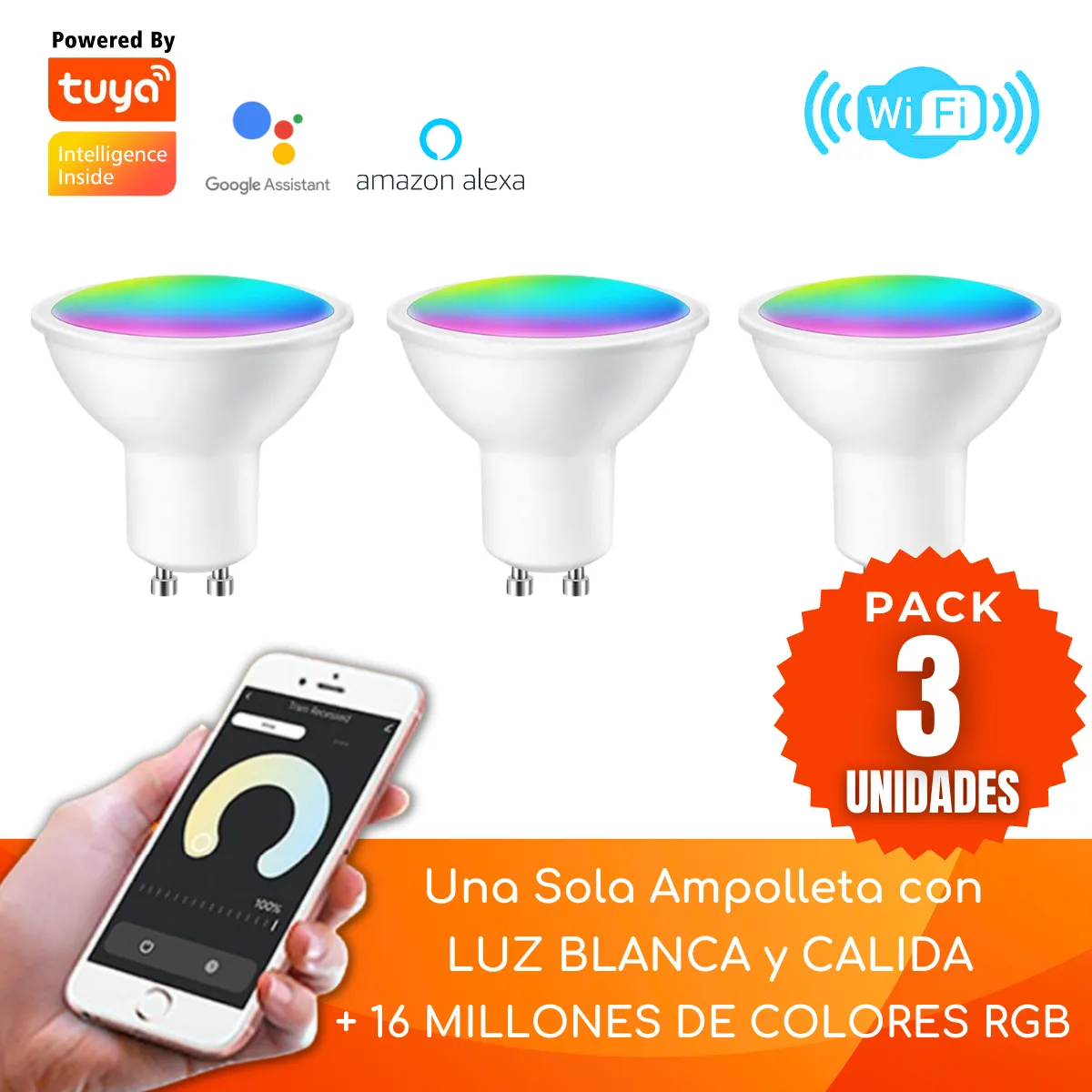 Pack 3 Ampolletas Gu10 Wifi Inteligente 5w 220v Blancos + Colores Rgb, marca D MOTICA - Foto Principal