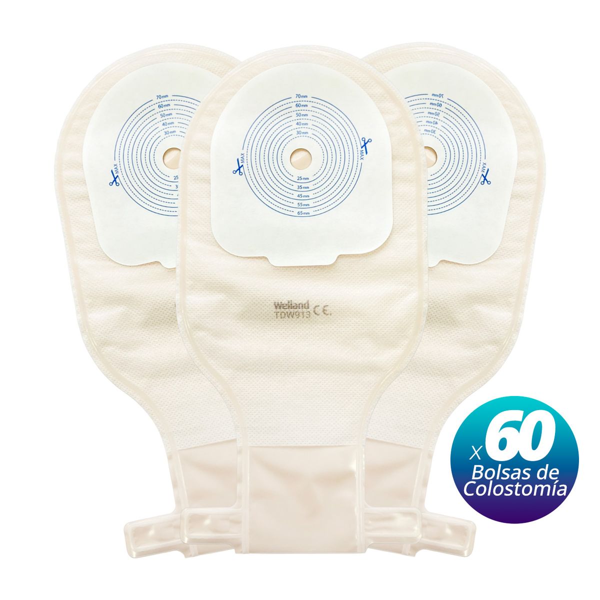 WELLAND MEDICAL - 60x Bolsas De Colostomía + Placa Recortable + Filtro Olor y Gases