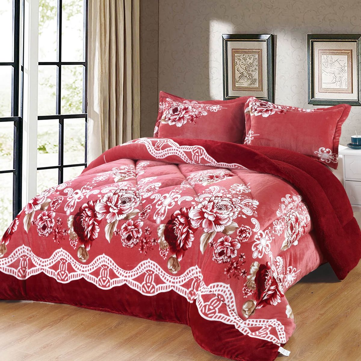 HAPPY LIVING - Plumón sherpa chiporro 1.5 PL P6 rojo floreado