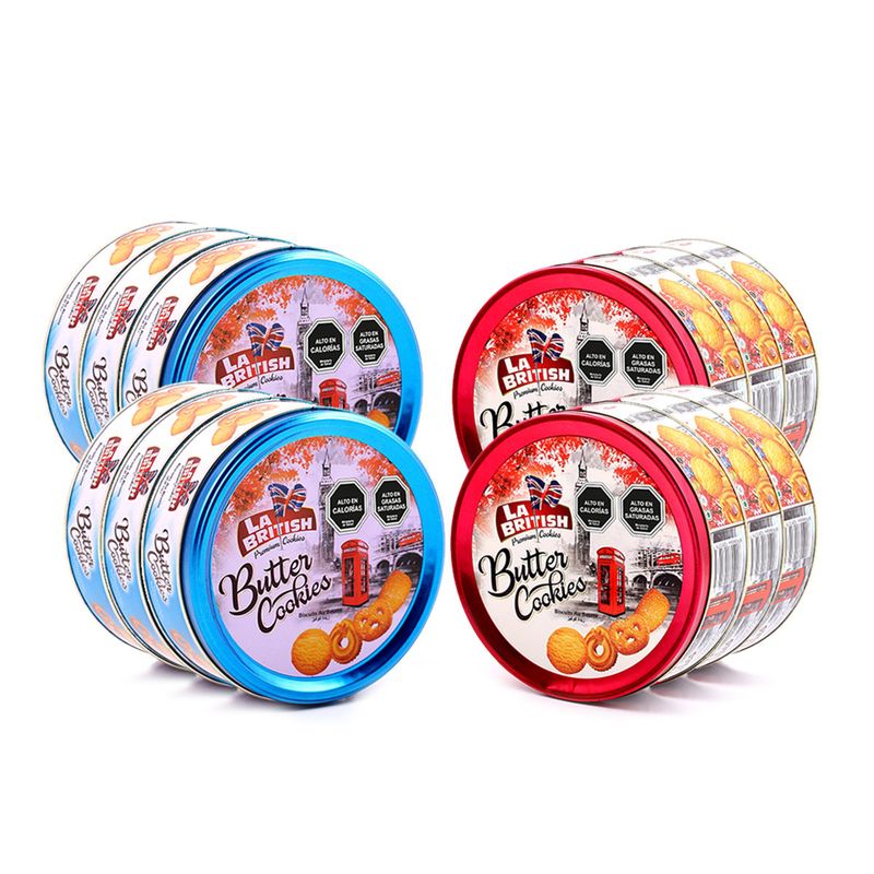 GENERICO - Pack 12 Latas Galletas Mantequilla La British 114g Azul/Rojo