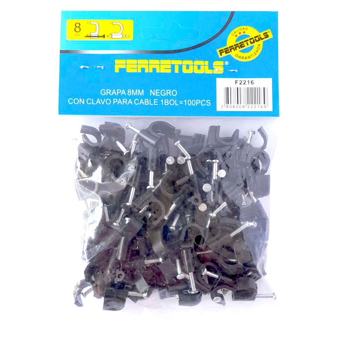 KAMASA - Grapa Grampa de 8mm Rg6 Bolsa 100 Unidades Color Negro