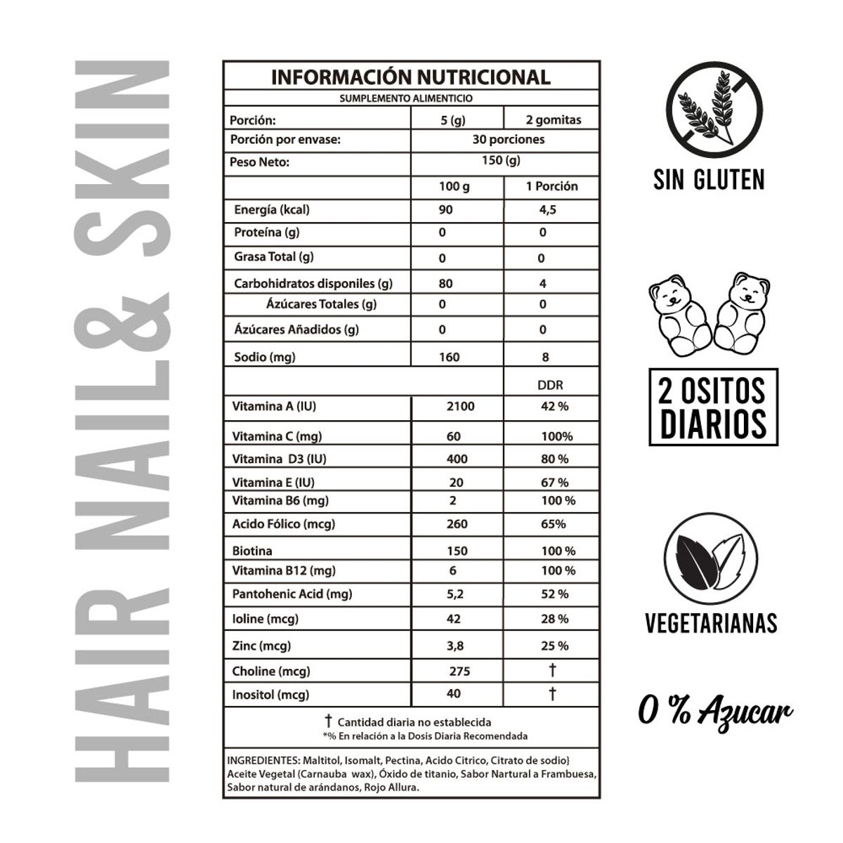 Perfect Bear - Biotina sin azúcar  3 meses vitaminas para el pelo