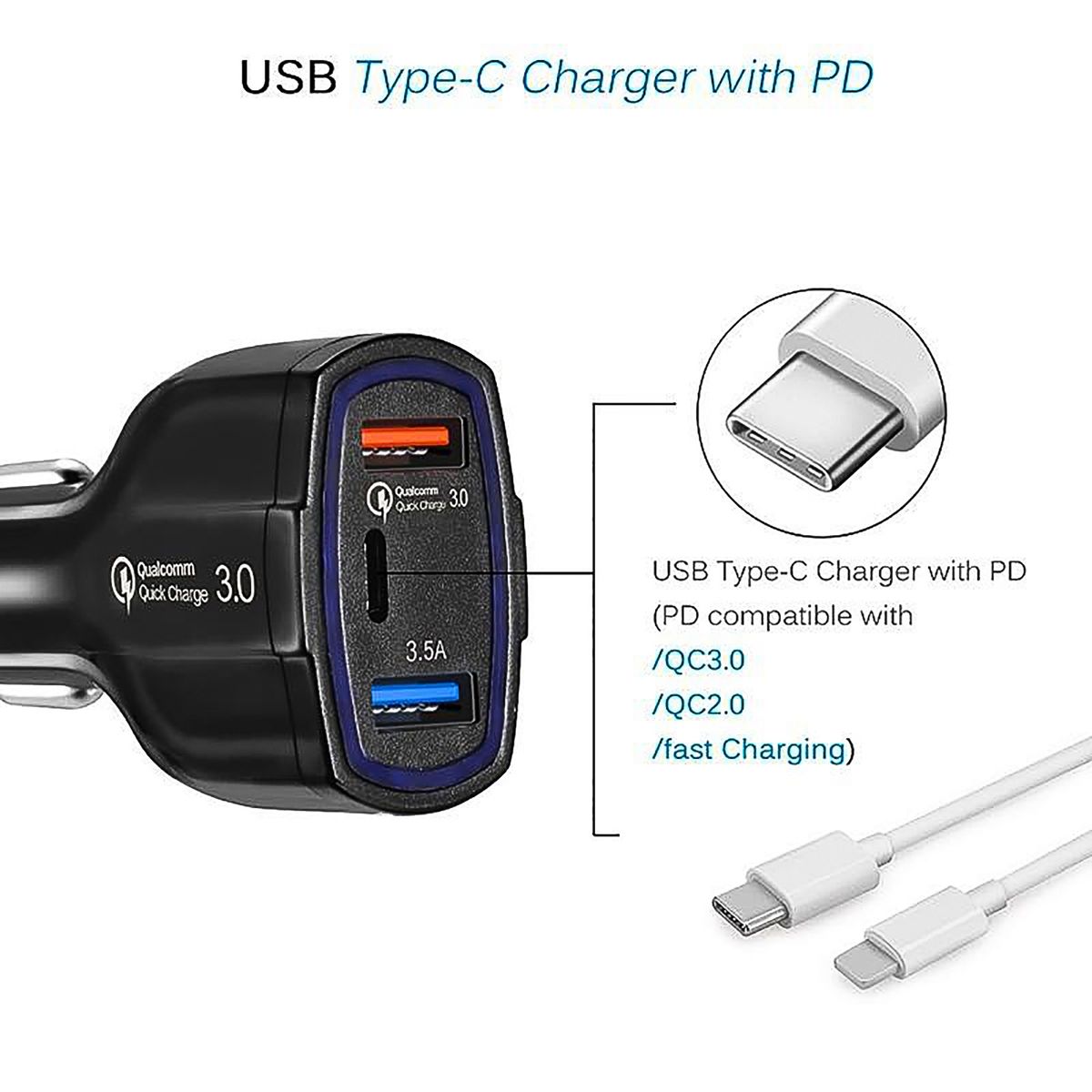 GENERICO - Cargador Para Auto Doble USB Y Tipo C Carga Rapida QC 3.0
