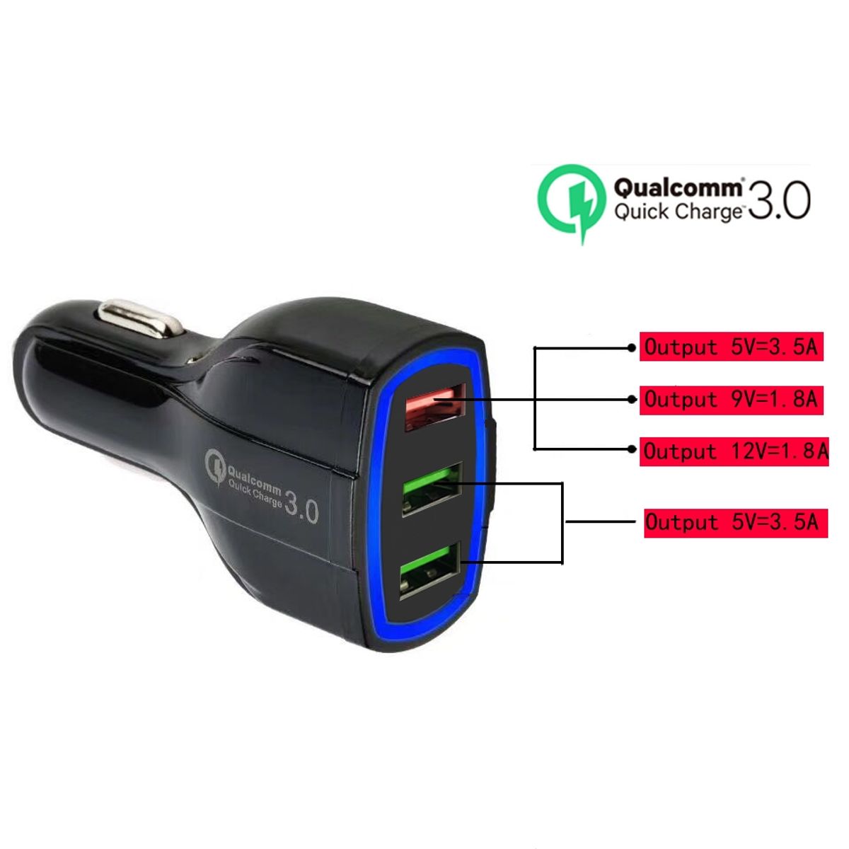 GENERICO - Cargador Rapido Para Auto 3 Puertos USB QC 3.0