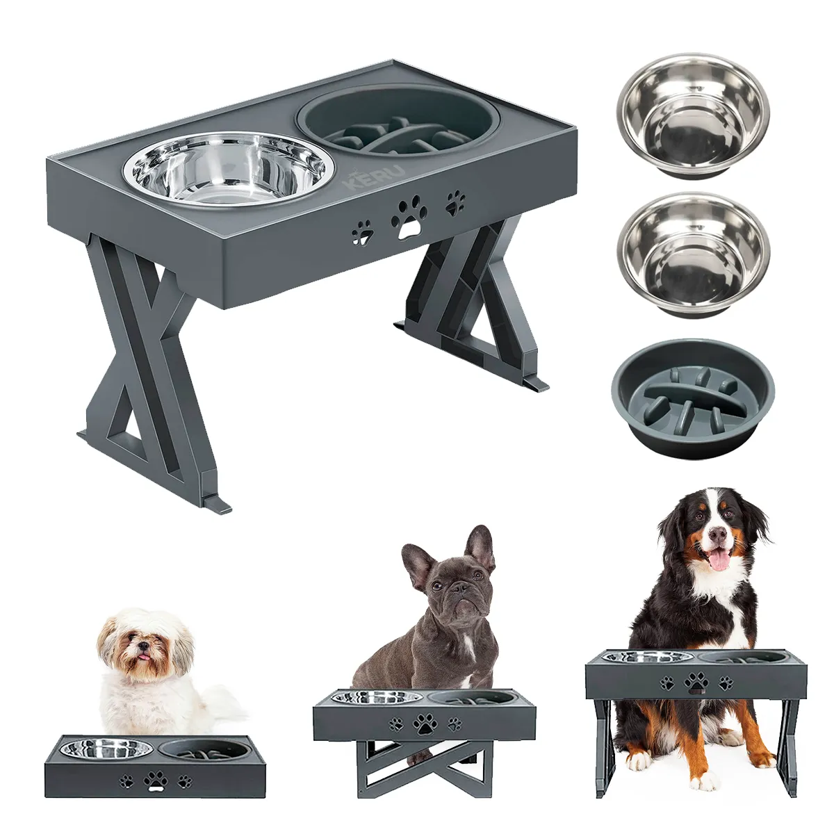 KERU - Comedero bebedero Para Perros Altura Ajustable Color Gris