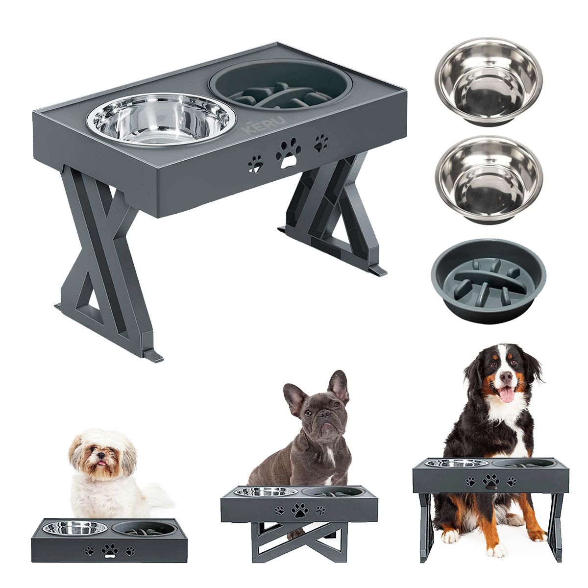 KERU - Comedero bebedero Para Perros Altura Ajustable Color Gris