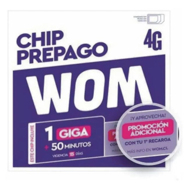 WOM - Prepago Wom Sim Card con 1GB y 50 minutos por 15 dias