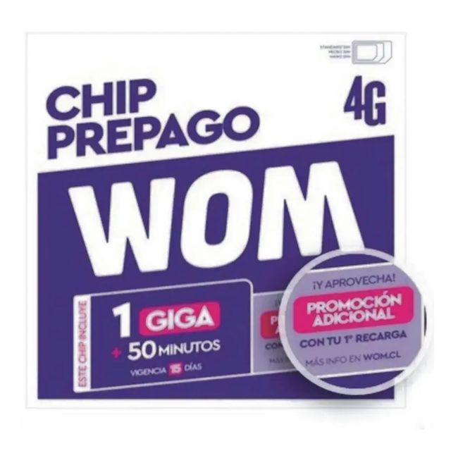 WOM - Prepago Wom Sim Card con 1GB y 50 minutos por 15 dias