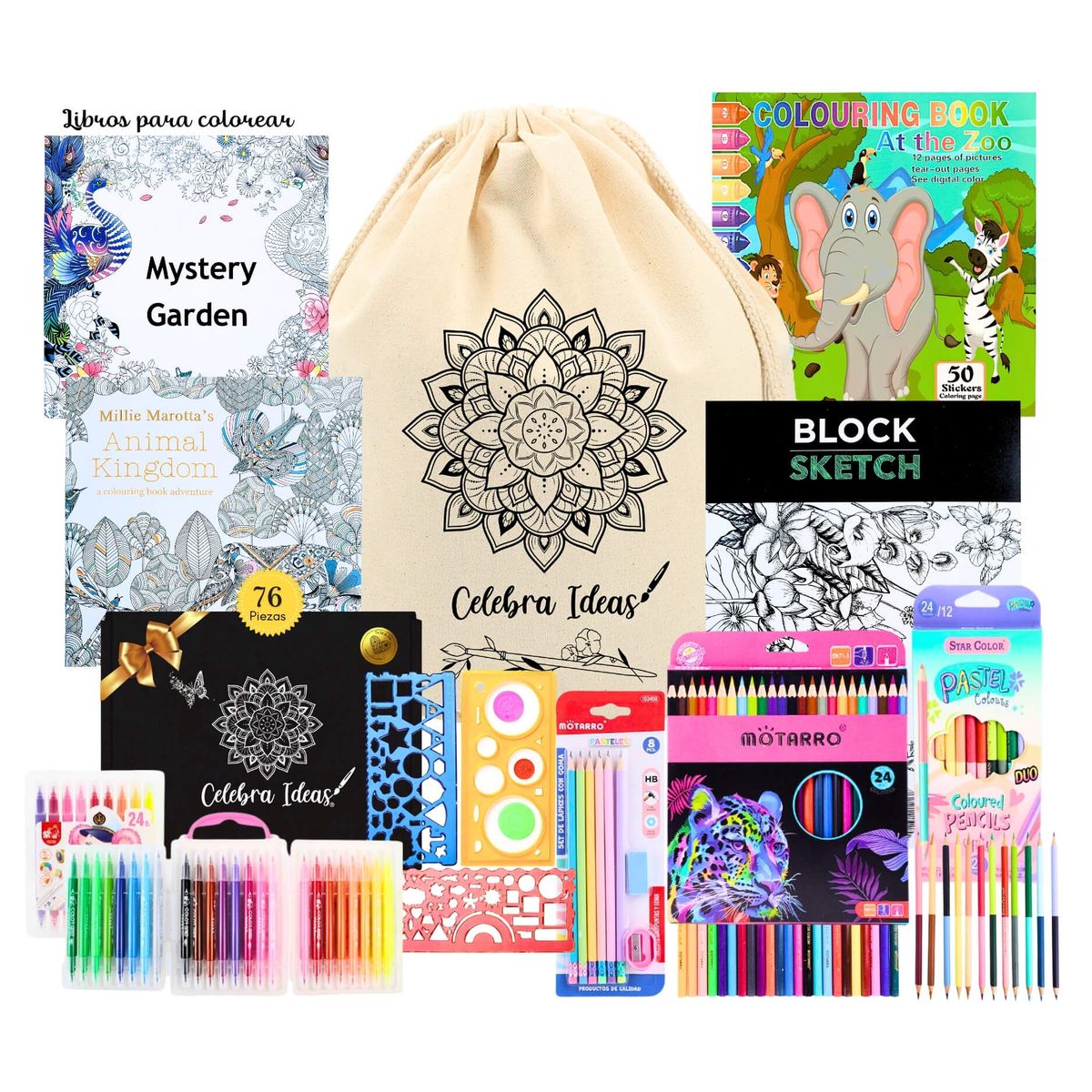 CELEBRA IDEAS - Set kit de Arte Dibujo y Para Colorear mandalas marcadores doble punta 76 Pcs.