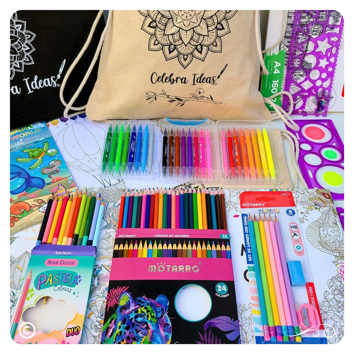 CELEBRA IDEAS - Set kit de Arte Dibujo y Para Colorear mandalas marcadores doble punta 76 Pcs.