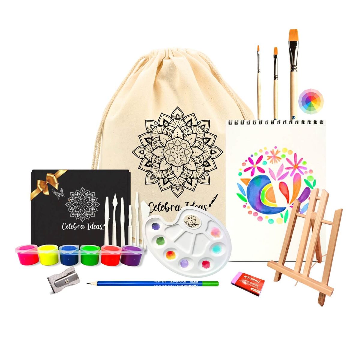 CELEBRA IDEAS - Set de Arte de Pinturas Témperas Flúor Kit de Arte con atril