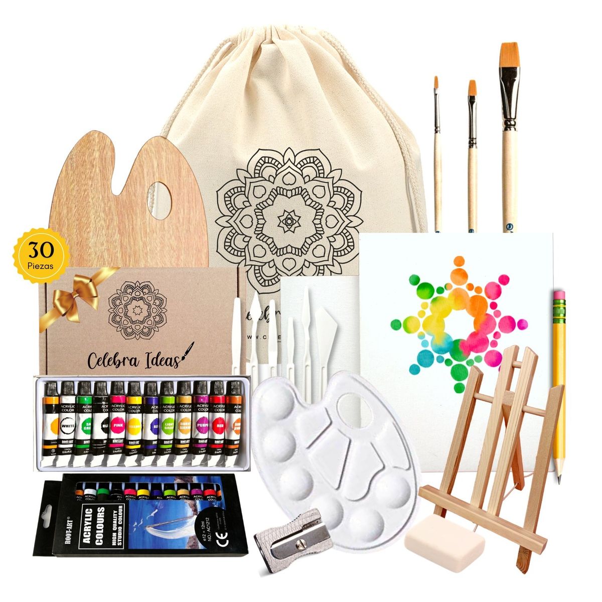 CELEBRA IDEAS - Set de Arte pinturas acrílicas con atril Kit Arte 30 piezas