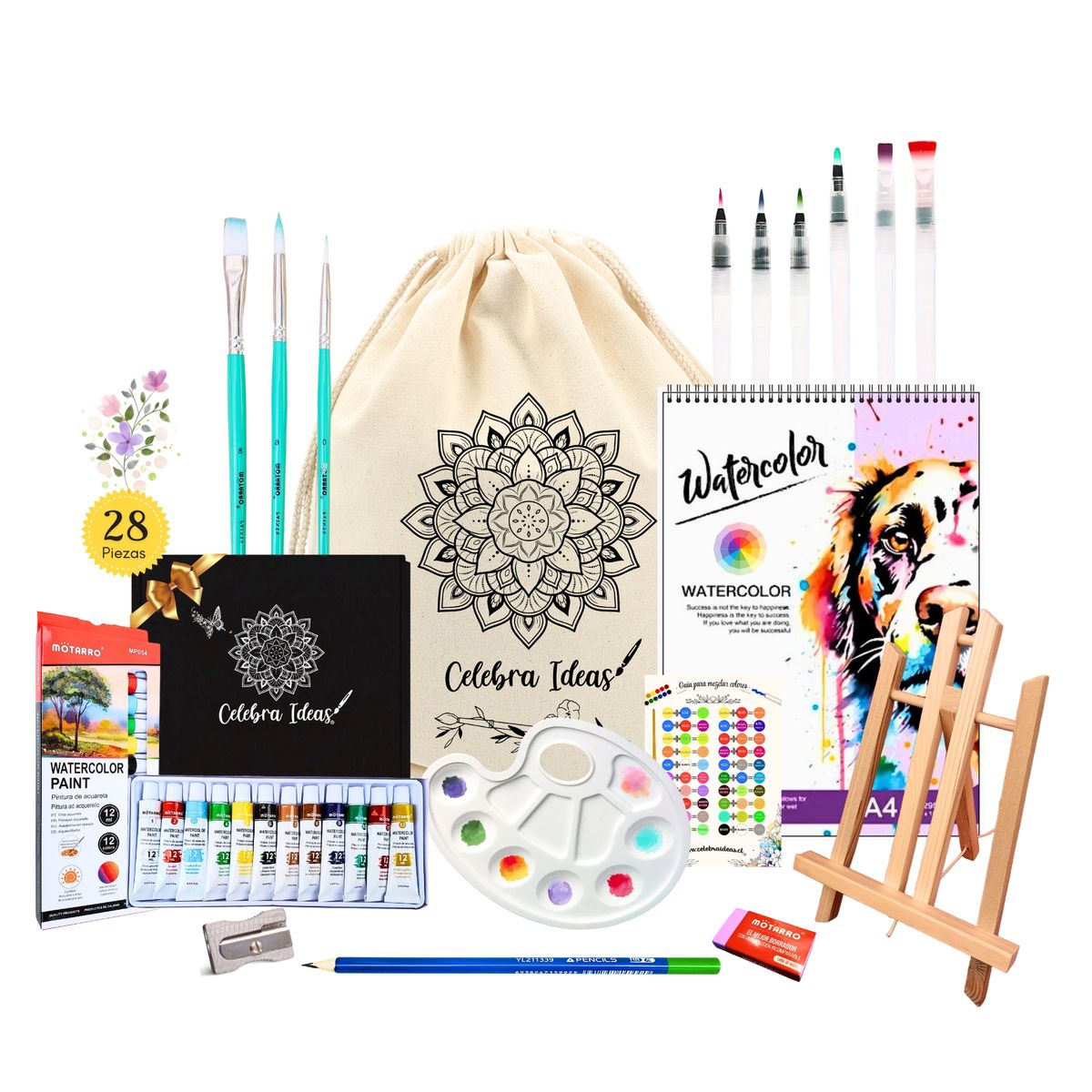 CELEBRA IDEAS - Set kit de Arte Pinturas Acuarelas 28 piezas con atril