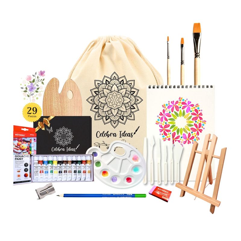 CELEBRA IDEAS - Set de Arte Kit de Pinturas Gouache con atril y croquera