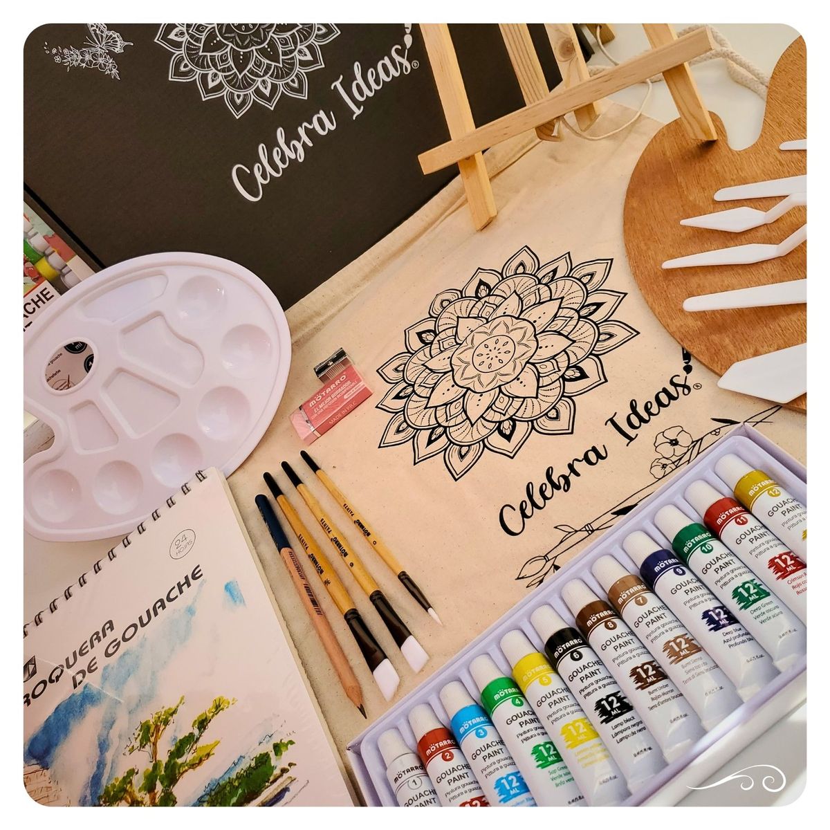 CELEBRA IDEAS - Set de Arte Kit de Pinturas Gouache con atril y croquera