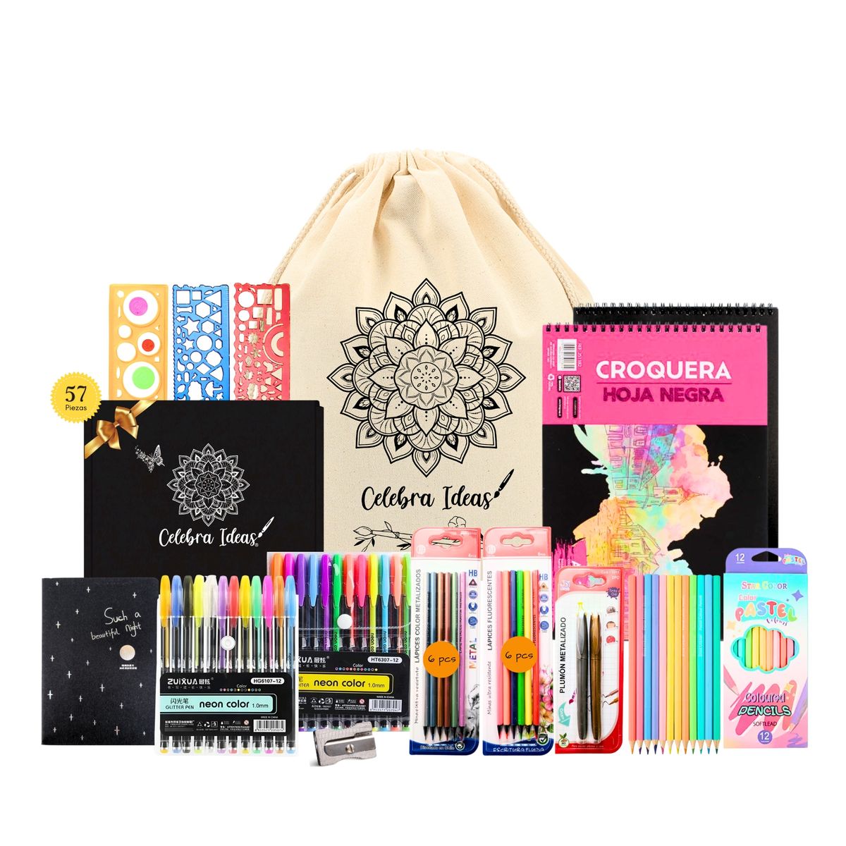 CELEBRA IDEAS - Set kit de Arte Dibujo en Hojas Negras colores metal Fluor pastel