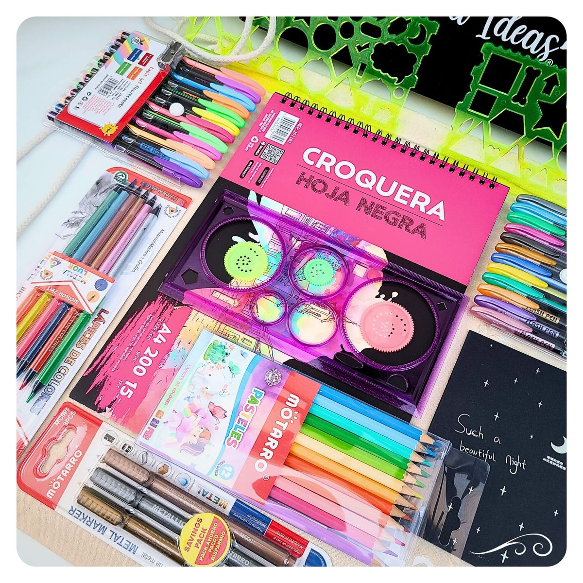 CELEBRA IDEAS - Set kit de Arte Dibujo en Hojas Negras colores metal Fluor pastel