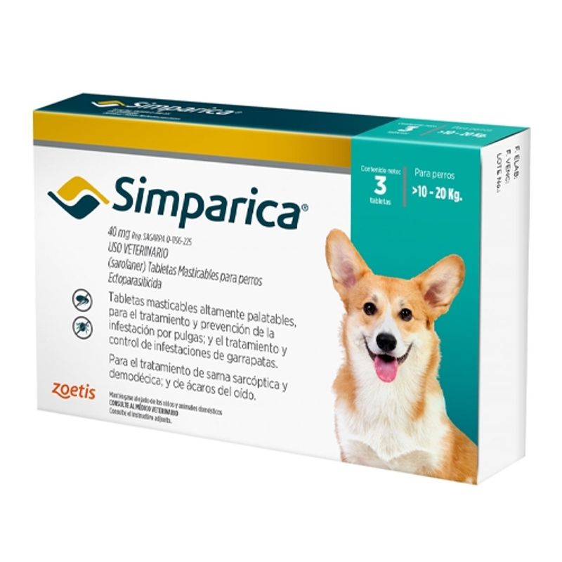 ZOETIS - Simparica Antiparasitario Perros 10 A 20 Kg 3 comprimidos
