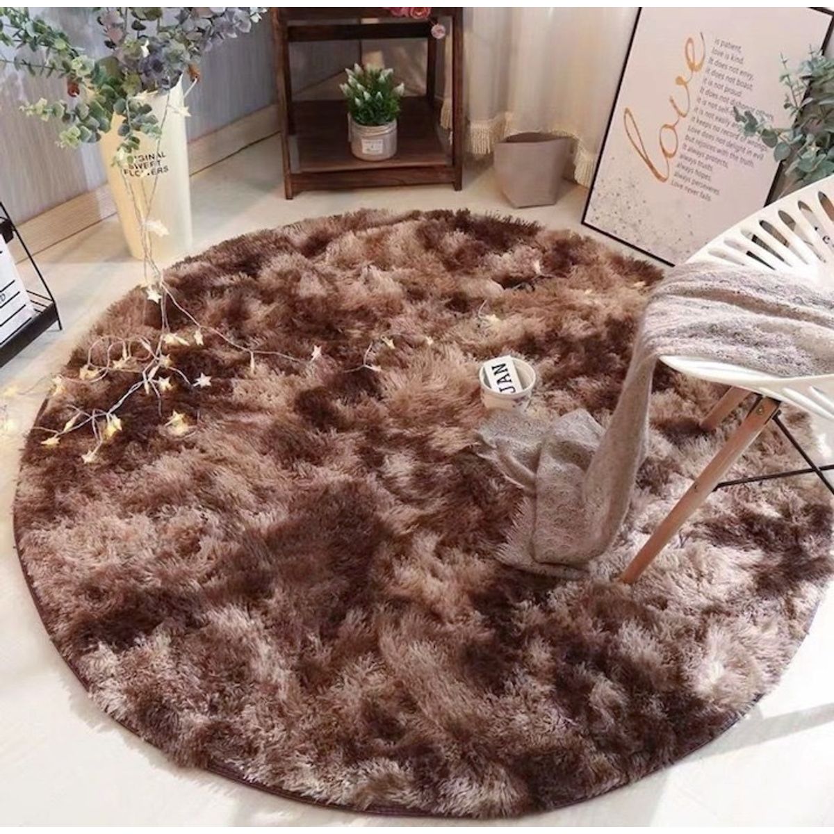 BJ HOGAR - Alfombra Peluda Redonda 140cm Cafe Jaspeado