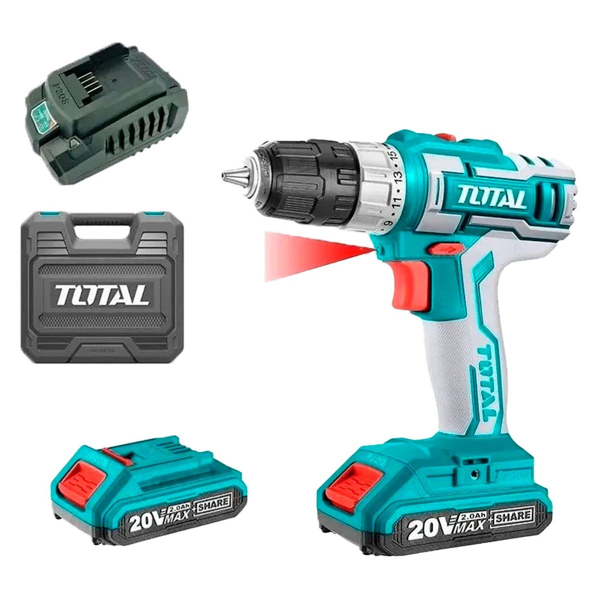 TOTAL TOOLS - Taladro atornillador inalámbrico 10mm 20v 2 baterias + Carg Total