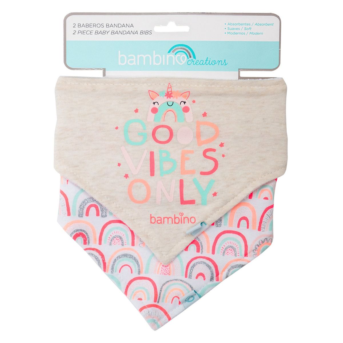 BAMBINO - Babero bandana para bebé rosado con arcoiris