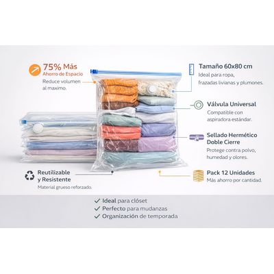 Imagen 2 del producto Bolsa al Vacío 60x80 cm para Ropa Ahorra Espacio 75% Organizador de Closet y Viaje