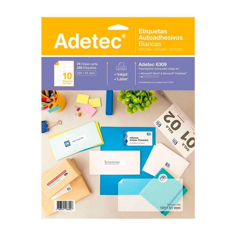 ADETEC - 250 Etiquetas Autoadhesivas Blancas Para Impresoras  