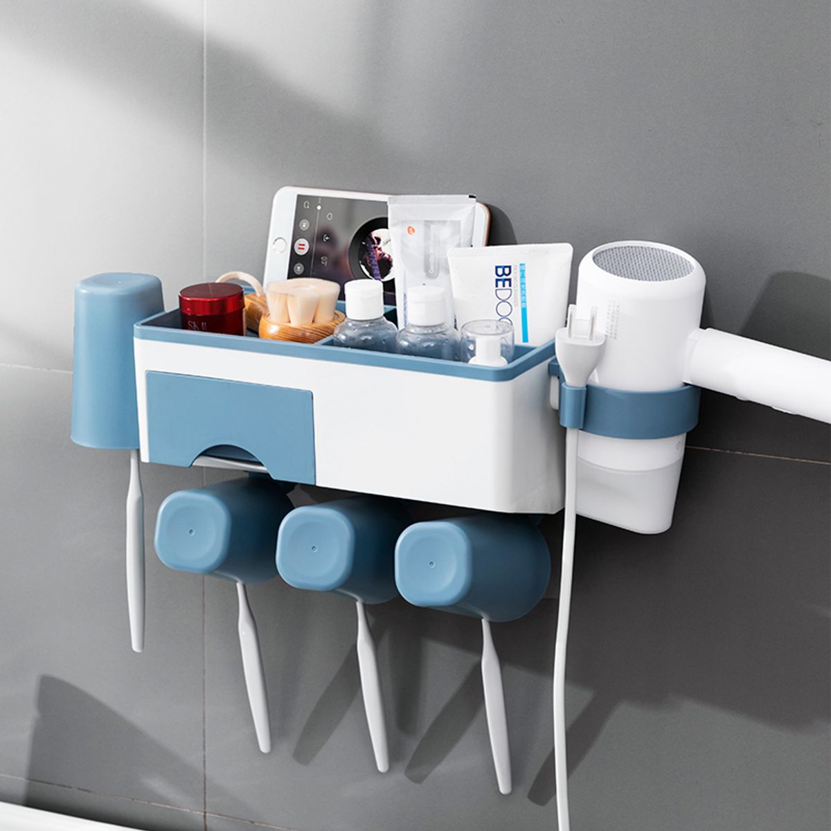 GENERICO - porta 4 cepillos de dientes con 4 vasos cajon Celeste Y035