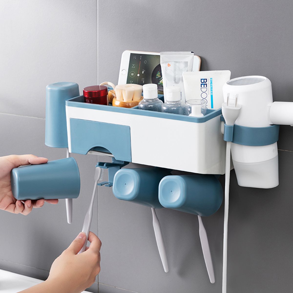 GENERICO - porta 4 cepillos de dientes con 4 vasos cajon Celeste Y035