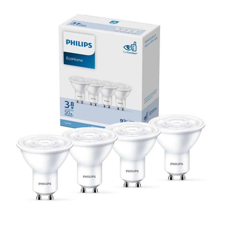 PHILIPS - Pack 4 Ampolletas LED Philips EcoHome GU10 3.8W Luz  Fria