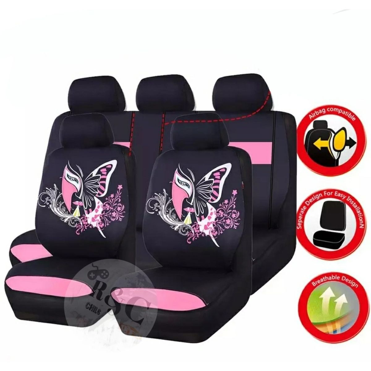 GENERICO - Funda Cubre Asiento Auto Para Mujer Rosado 9pieza Maripoza