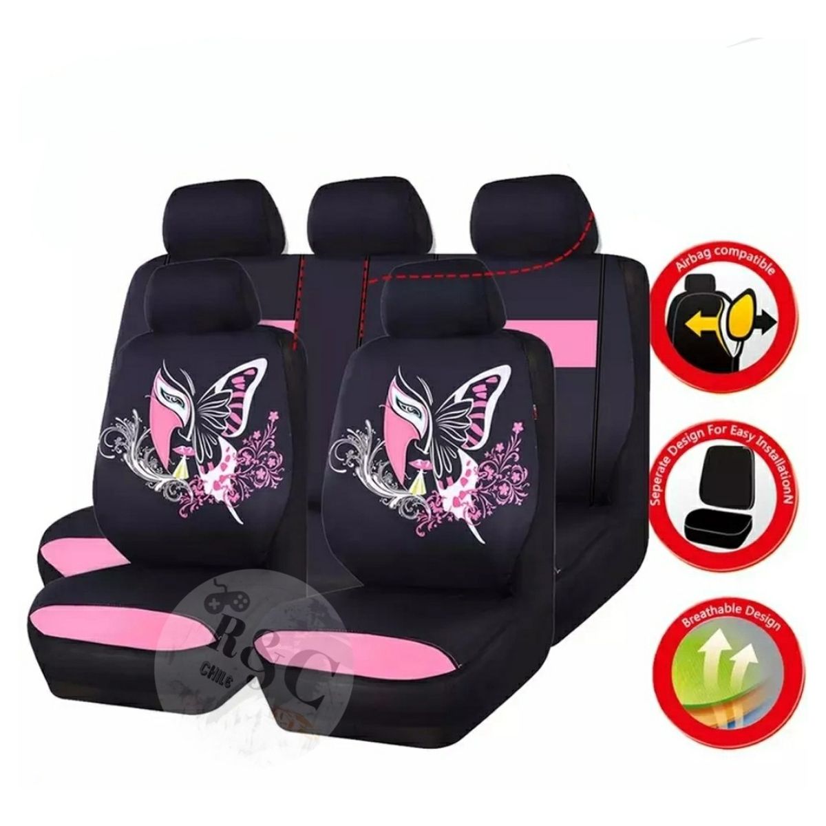 GENERICO - Funda Cubre Asiento Auto Para Mujer Rosado 9pieza Maripoza