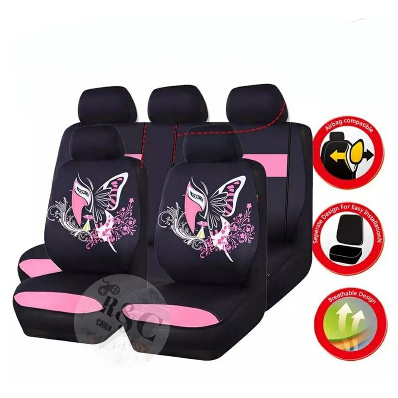 GENERICO - Funda Cubre Asiento Auto Para Mujer Rosado 9pieza Maripoza