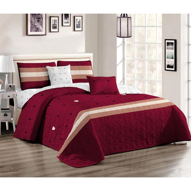 GENERICO - Cobertor Quilts de Verano 1,5 plaza Colcha Burdeo Corazones