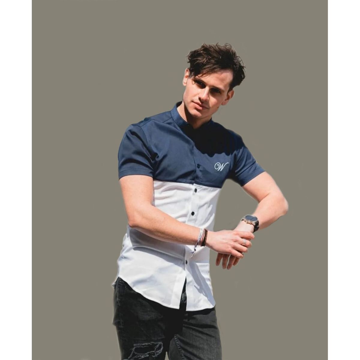 WHITE CLOTHING - camisa Bi color manga corta fit